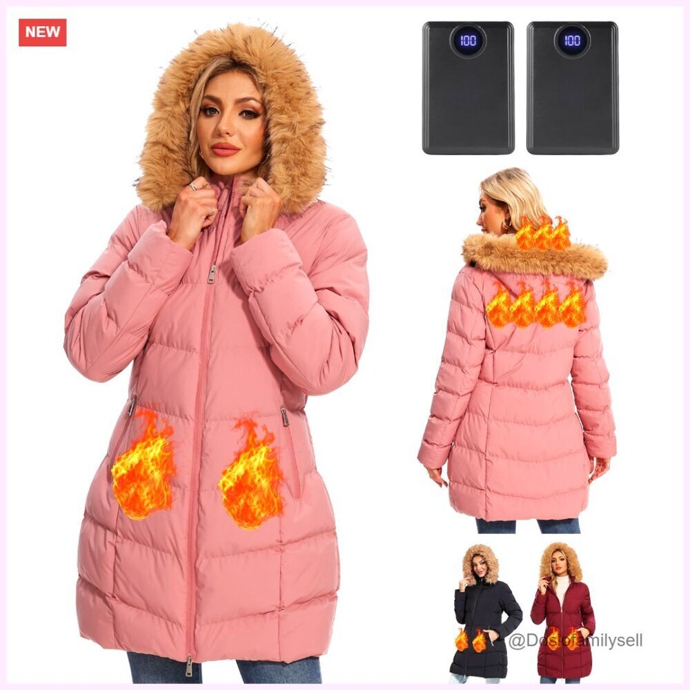Heated Jacket with 2 Batteries & Faux Fur Hood, 4 Heating Zones